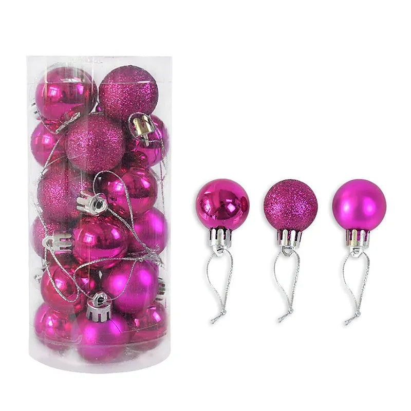 Assortment of 3cm diameter gold, red, silver, and blue barrel-shaped Christmas baubles with an electroplated finish.
