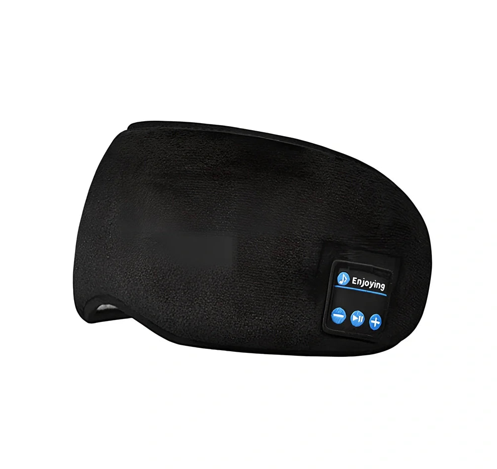 Black Bluetooth 5.0 eye mask with adjustable elastic strap and built-in speakers for wireless audio
