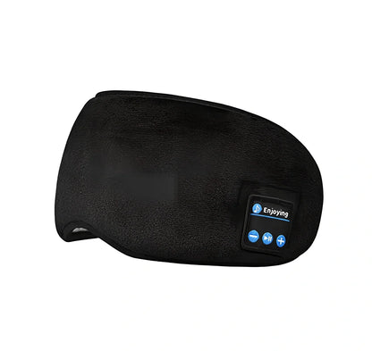 Black Bluetooth 5.0 eye mask with adjustable elastic strap and built-in speakers for wireless audio