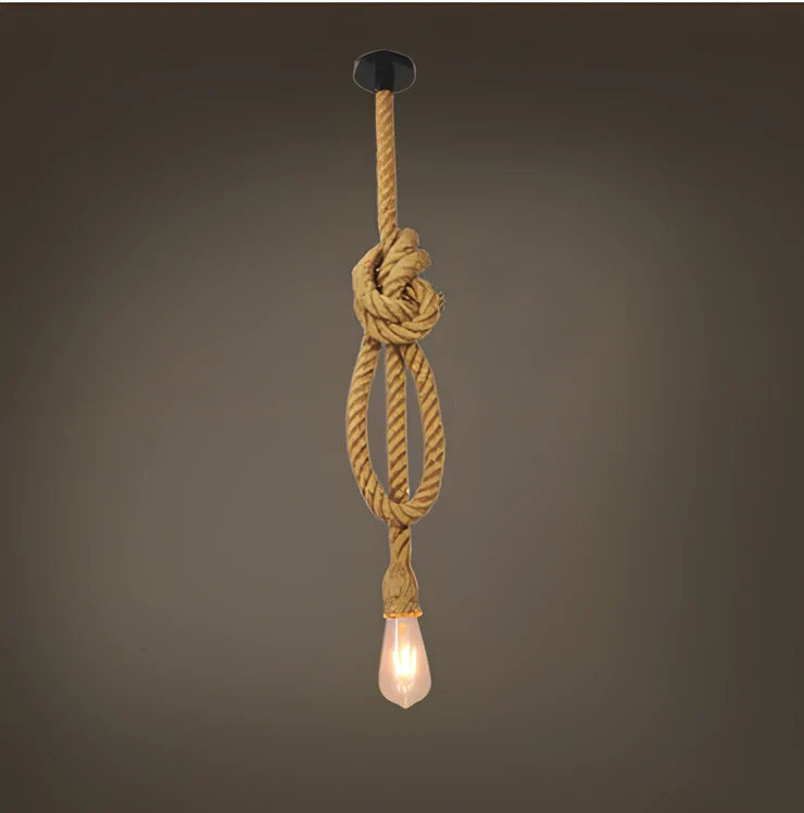Industrial hemp rope chandelier with LED lighting and grass vine construction in retro design