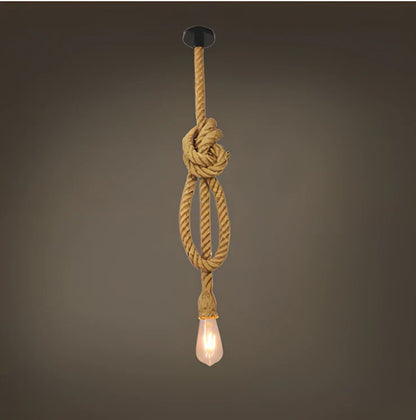 Industrial hemp rope chandelier with LED lighting and grass vine construction in retro design