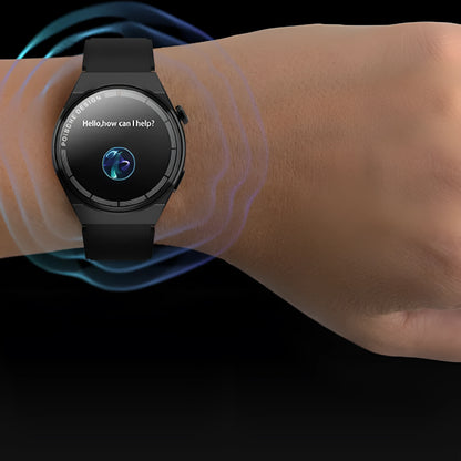 Black Bluetooth smartwatch with circular tempered glass screen showing NFC and blood sugar monitoring functions.