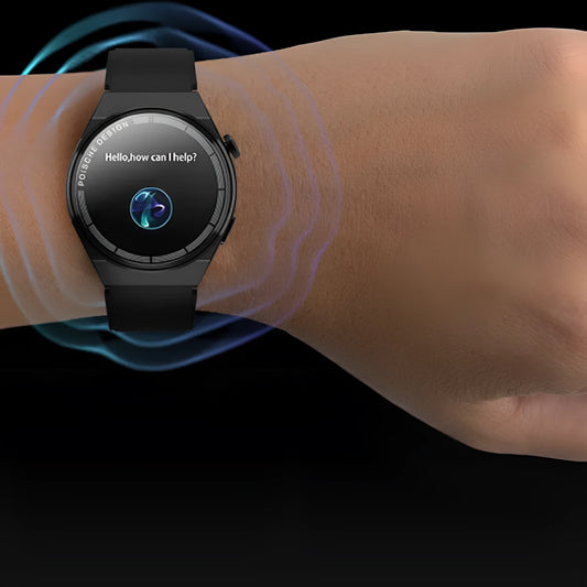 Black Bluetooth smartwatch with circular tempered glass screen showing NFC and blood sugar monitoring functions.