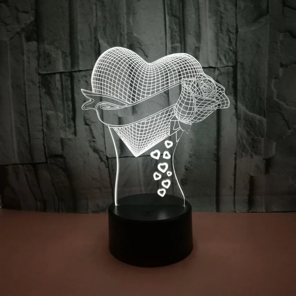 3D night light with acrylic board on 87mm ABS base showing seven colour options and touch/remote controls