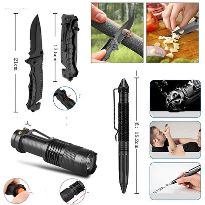 Brown tactical bag holding 13-piece survival kit with knife, compass, blanket, and wire saw for emergency use