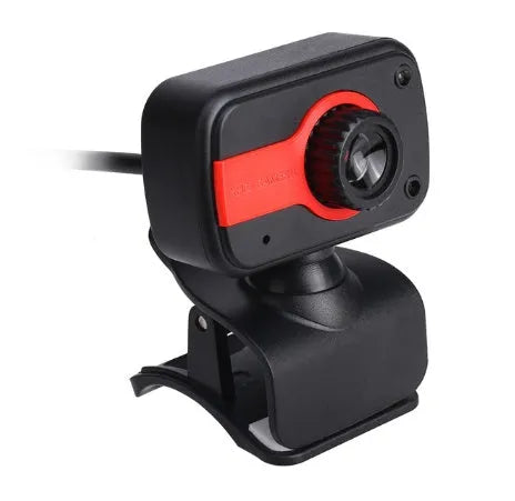 Blue, red, or white mini USB webcam on a stand with a 360-degree rotating head and manual focus adjustment.
