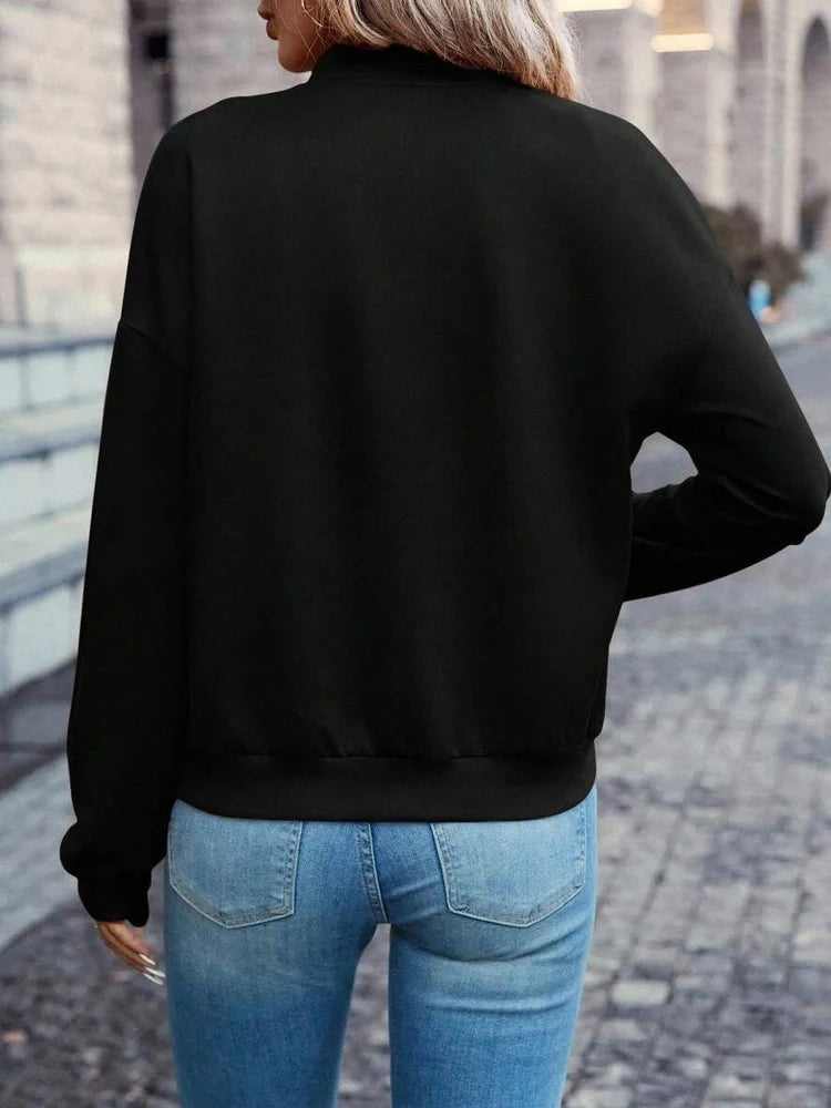 Black women's zip jacket with long sleeves and faux pockets in Japanese Korean casual style