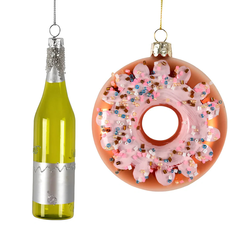 Glass Christmas pendants with 10cm donut and 13cm wine bottle designs in golden yellow and green colours