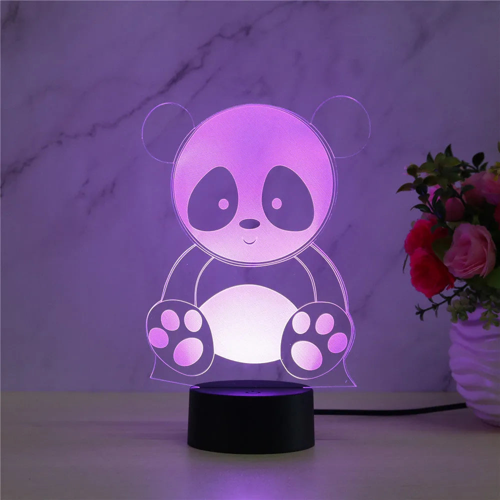 Panda decorative LED night light with remote control showing seven colour options on acrylic panel.