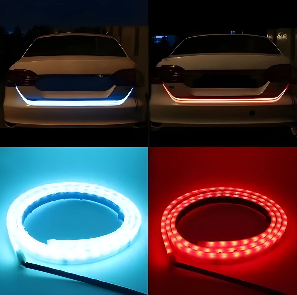 12V LED strip light for car and motorcycle in blue or red, available in 90cm, 120cm and 150cm lengths