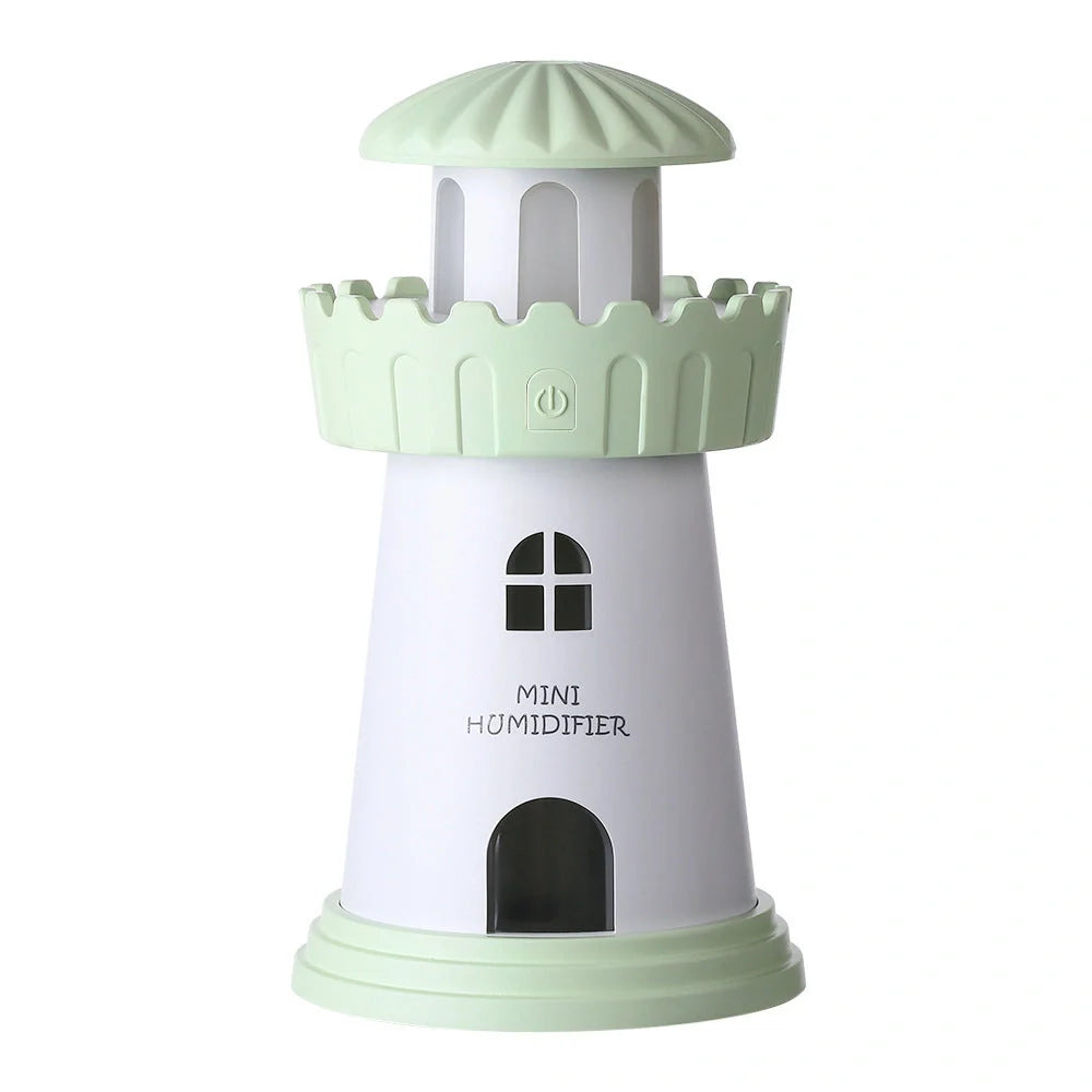 Lighthouse Humidifier with USB night light in five colors: green, pink, blue, red, gray