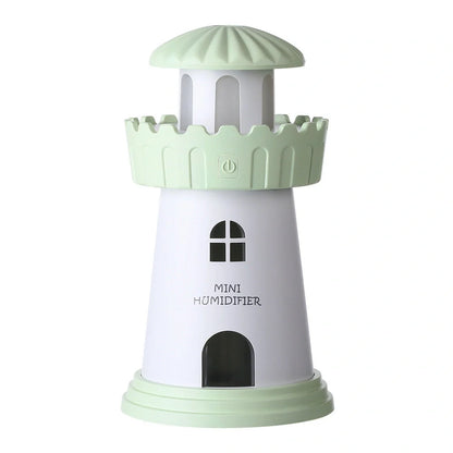 Lighthouse Humidifier with USB night light in five colors: green, pink, blue, red, gray