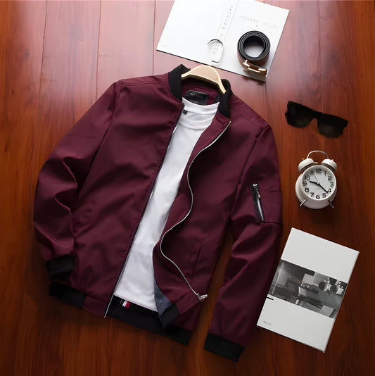 Men's slim-fit casual baseball jacket in solid colour with zip front and side pockets