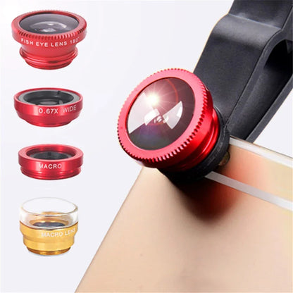 Versatile smartphone photography kit with wide-angle fisheye lens and high-magnification macro lens for capturing expansive shots and intricate details