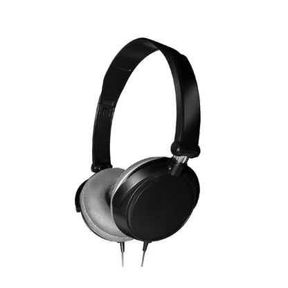 Black folding over-ear wired headphones with adjustable headband and 3.5mm plug on a white background.