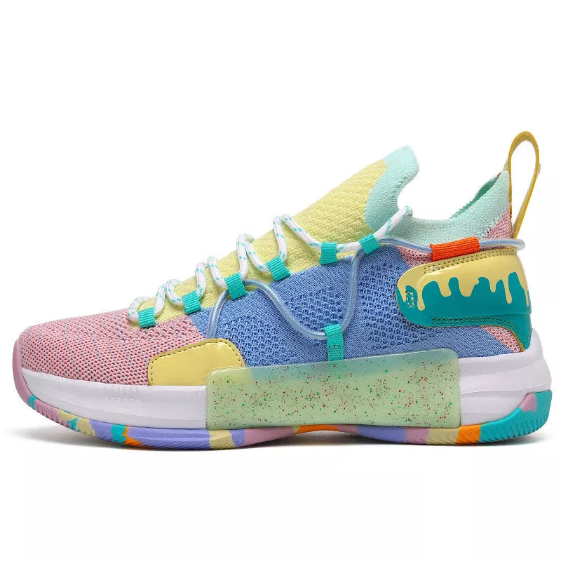 Breathable sports shoes with rubber sole and synthetic leather upper in light green, ice blue, white purple, and champagne powder