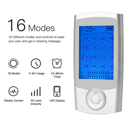 Rechargeable TENS unit with 16 massage modes, adjustable timer and intensity, and dual output for pain relief and muscle stimulation