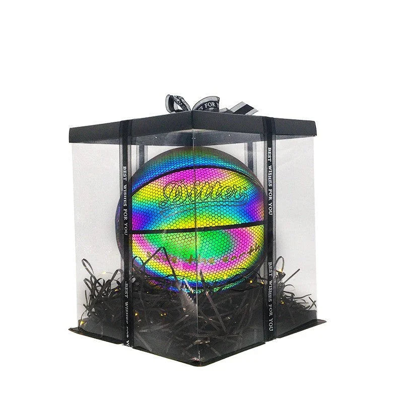 Glowing luminous basketball with mesmerizing rainbow, moon, and multicolored lighting effects for dazzling nighttime games