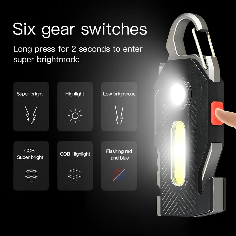 Multifunctional emergency light showing aluminium construction, tools, and 400LM COB lighting