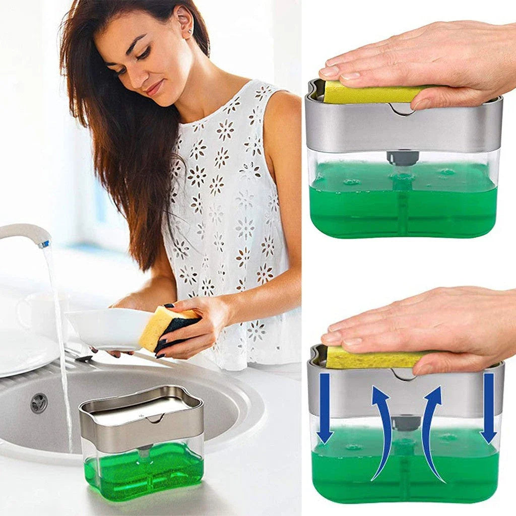 Multifunctional dish soap dispenser with attached sponge caddy for easy, organized cleaning in the kitchen
