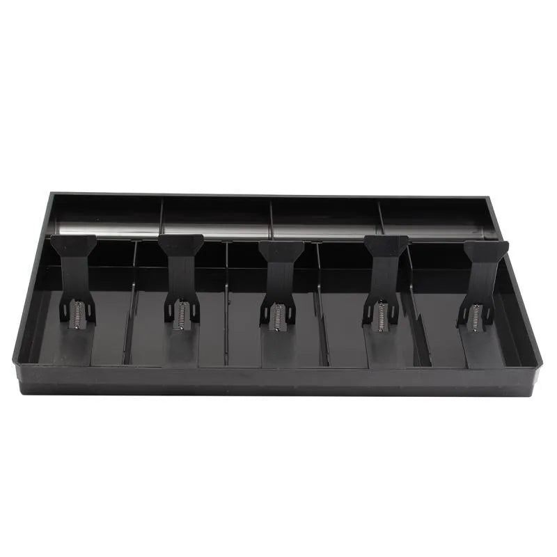 Black ABS plastic cash drawer box with a wallet design drawer for banknotes and coins.