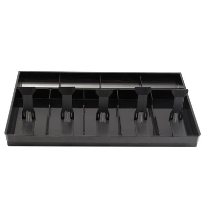 Black ABS plastic cash drawer box with a wallet design drawer for banknotes and coins.