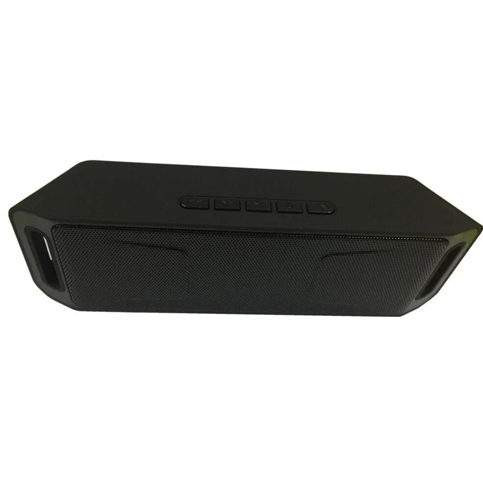 Blue portable Bluetooth speaker with dual speakers showing dimensions 20x6.5x4cm