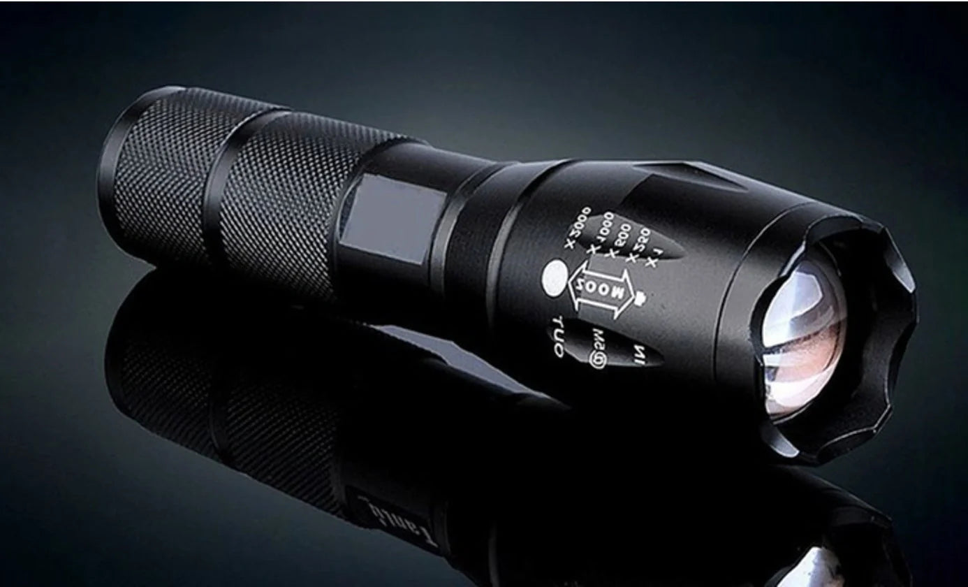 Zoomable LED flashlight for outdoor adventures, adjustable focus, durable aluminum alloy construction.