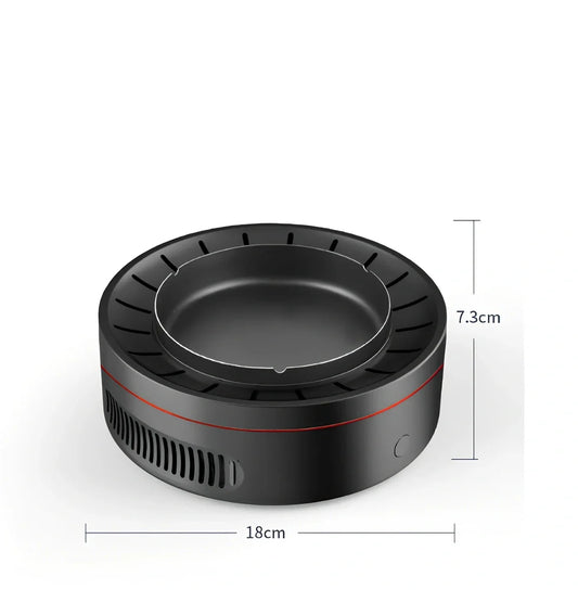 Black electronic ashtray purifier measuring 18x18x7.3cm with negative ion technology and USB charging