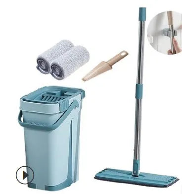 Blue wooden floor lazy mop with bucket, microfibre flat head, aluminium rod, and 360-degree rotation