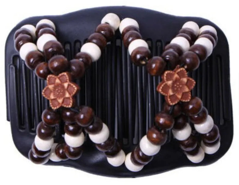 Elastic beaded hair comb with plastic frame and wooden beads, 17.5x10.3cm, vintage hair accessory