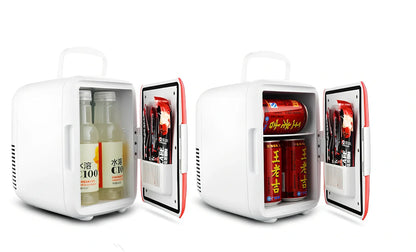 Blue 4L car refrigerator with handle showing dimensions and cigarette lighter plug