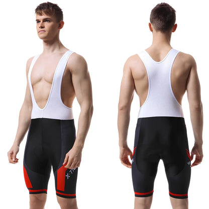 Red cycling jersey with chemical fibre blend fabric for outdoor sports, shown in cycling position