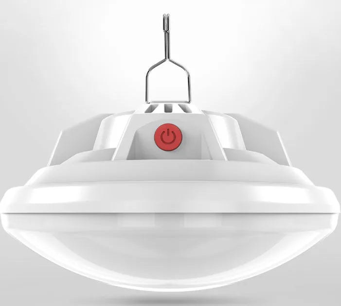 Rechargeable LED camp light with 18650 battery showing illumination radius of 15-40 metres