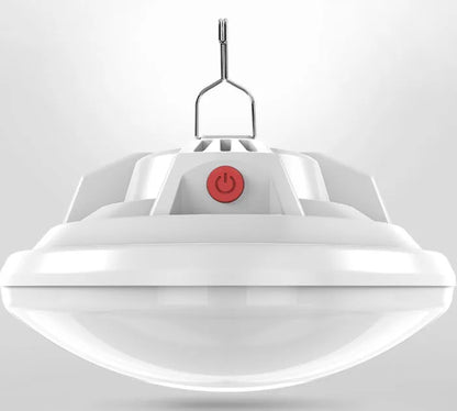Rechargeable LED camp light with 18650 battery showing illumination radius of 15-40 metres