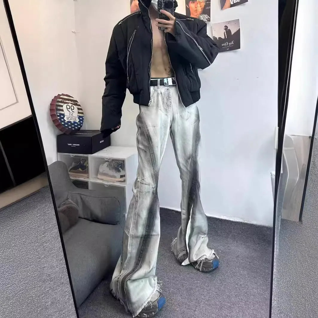 White cotton denim jeans trousers with black ribbon gradient detailing and mid-waist zip placket design