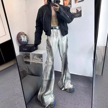 White cotton denim jeans trousers with black ribbon gradient detailing and mid-waist zip placket design