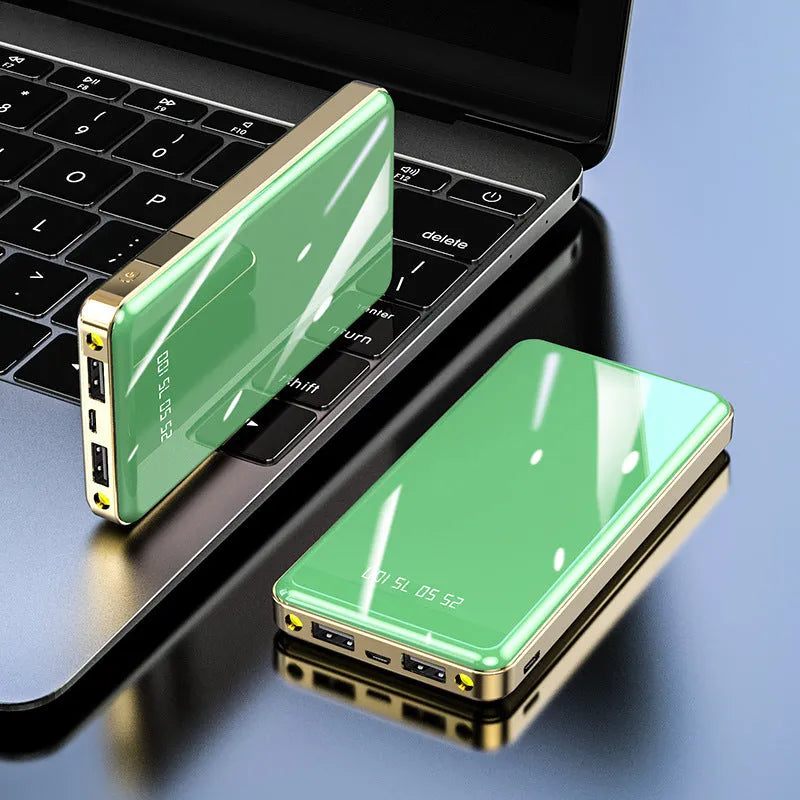 Mirror digital display large capacity 20000mAh power bank with polymer lithium-ion battery for smartphones and devices, featuring 5V/2A input and output, aluminium square shell construction, 135 x 68 x 15mm compact size in black, blue, green, grey, or red