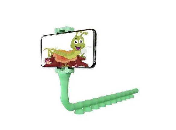 Black flexible gooseneck phone holder with suction cup mounted on a desk, holding a mobile phone at an angle.