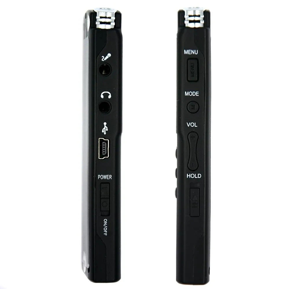 Original USB professional voice recorder with dimensions 3.8 x 1.3 x 0.47 inches, showing microphone inputs and display