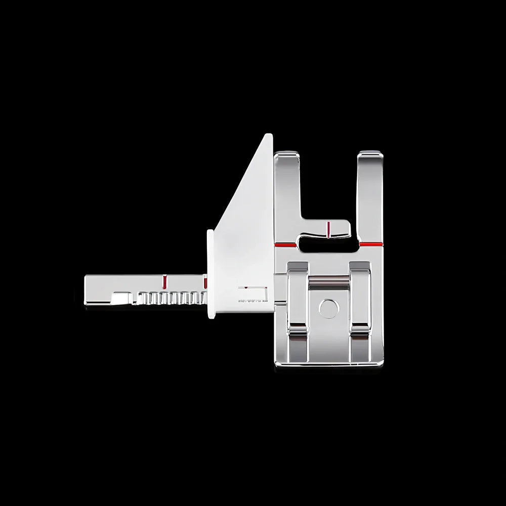 Regular sewing machine presser foot with red border guide for precise quilting seam measurements