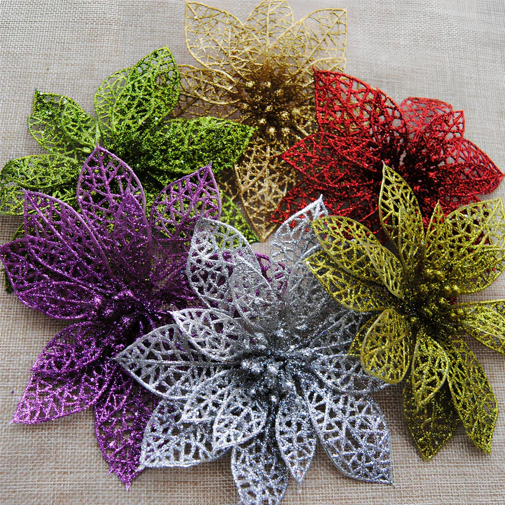Set of 10 golden 15cm glitter flowers for Christmas trees in gold, silver, red colours