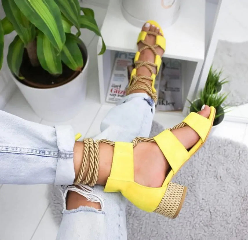 Women's beige suede sandals with thick 3-5cm heel, front strap, and ankle strap design