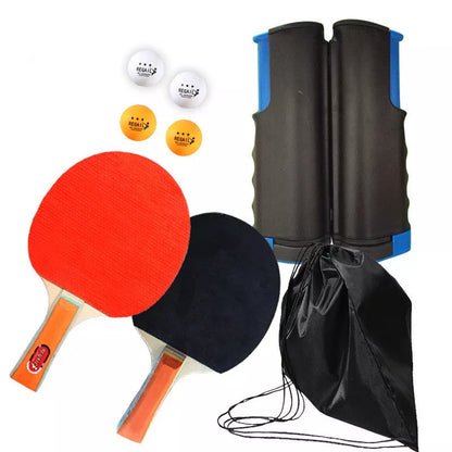 Retractable and portable table tennis racket set with anti-adhesive rubber, includes rackets, balls, net, and bag
