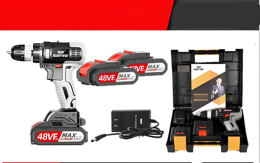 Rechargeable lithium electric drill with pistol grip and 10mm chuck, showing 20cm by 25cm dimensions