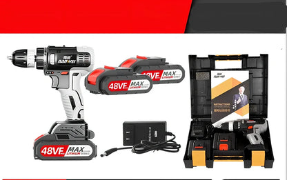 Rechargeable lithium electric drill with pistol grip and 10mm chuck, showing 20cm by 25cm dimensions