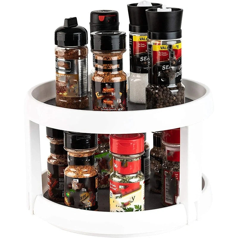 Two-tier kitchen turntable organizer with non-skid surface and rimmed edges