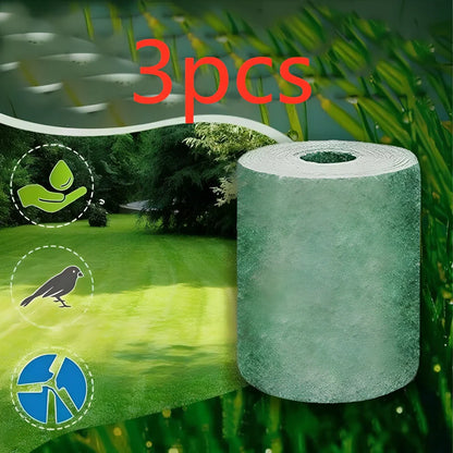 Biodegradable grass seed mat unrolled, 20cm x 300cm size, showing wind-proof fabric for soil consolidation and moisture retention in garden use
