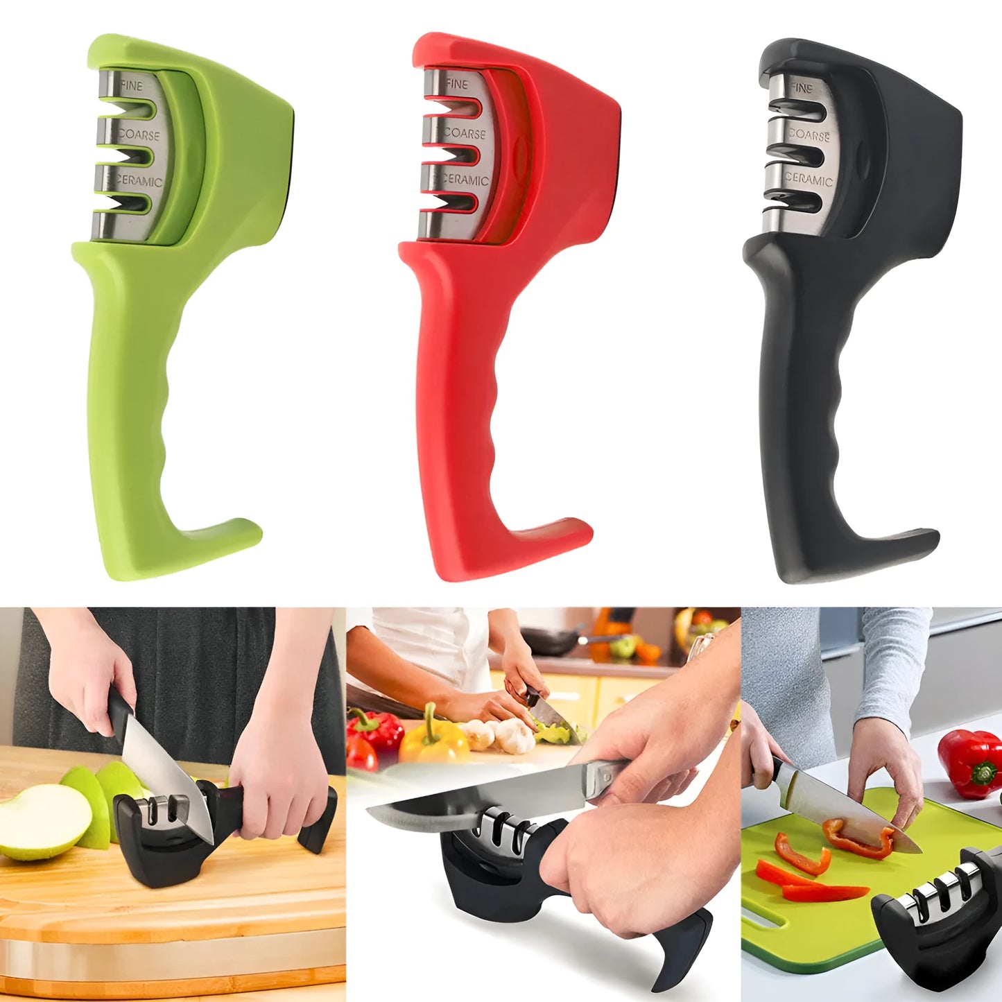 Black manual knife sharpener with three tungsten wire slots and rubber feet on base