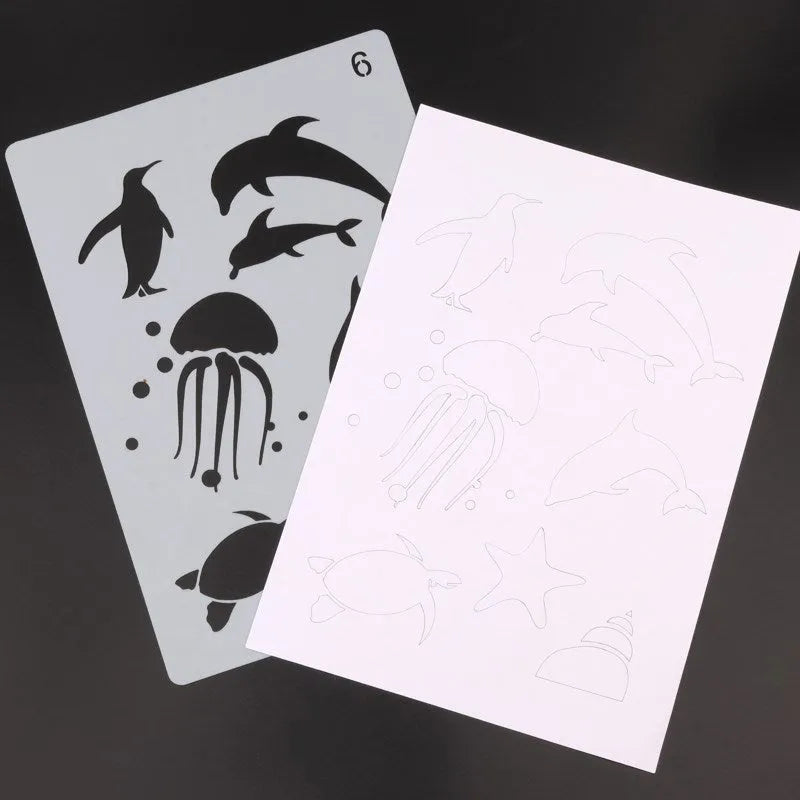 White plastic reusable stencil template with geometric patterns for DIY painting and crafts.